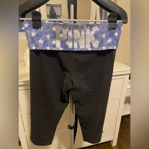 PINK Cropped Yoga Pants with Blue Star Waistband - Size Medium